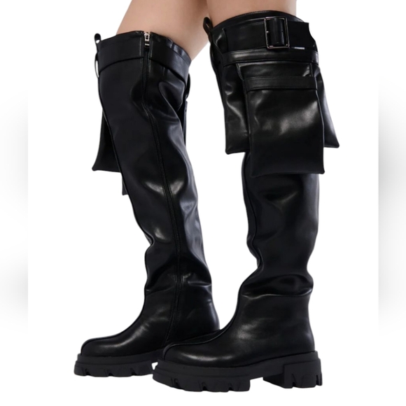 Azalea Wang Black Platform Biker Over The Knee Whimsigoth Buckle Boots Size 7.5 - Picture 1 of 5